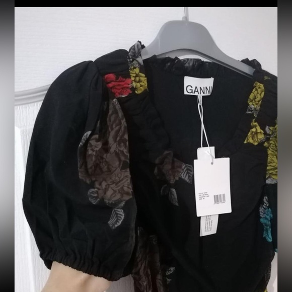 Ganni black ruched floral print stretch mesh dress - Picture 8 of 9